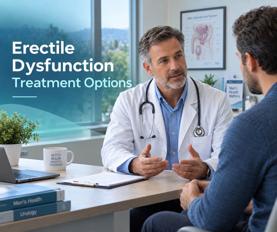 Doctor explaining erectile dysfunction treatment options to a male patient across a consulting-room desk