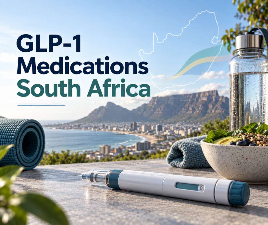 GLP-1 injection pen on a table beside a water bottle, a healthy meal and an exercise mat, with Table Mountain behind