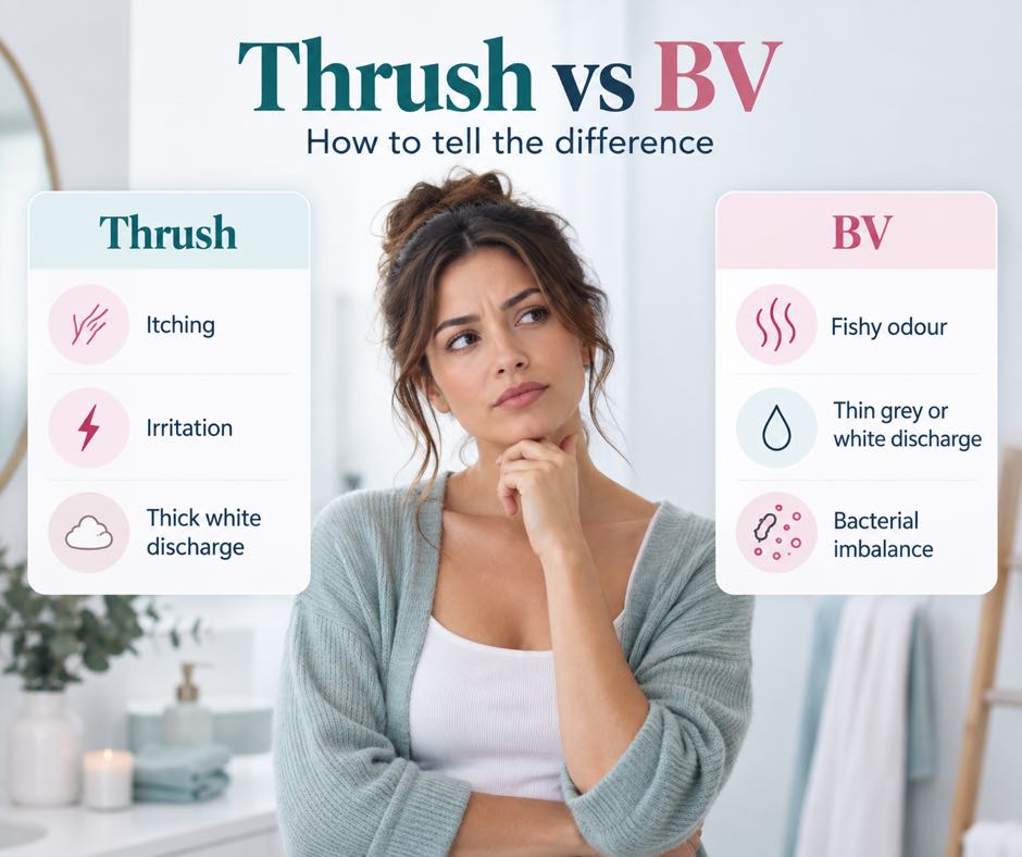 Infographic comparing thrush and BV: itching and thick white discharge versus fishy odour and thin grey discharge