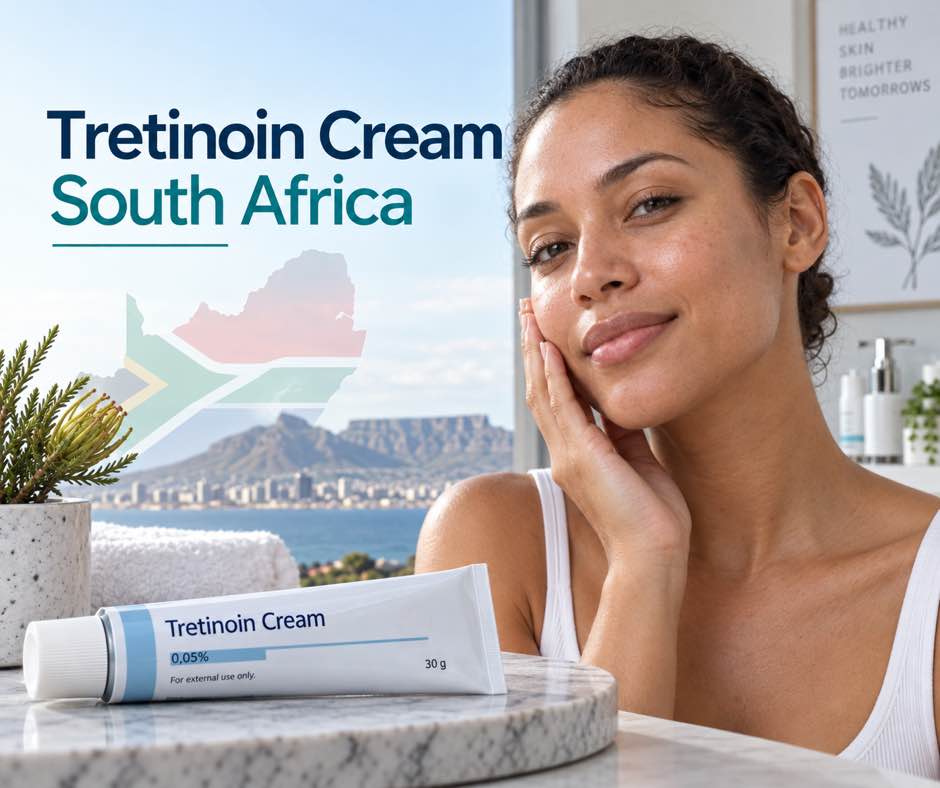 Woman with clear skin beside a tube of tretinoin cream 0.05%, with Table Mountain in the background